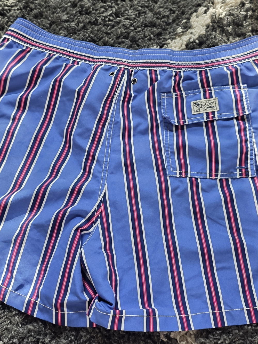 Polo by Ralph Lauren Blue Striped Swim Shorts with Pink & White Accents Size 34
